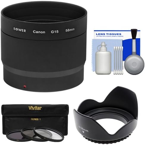 Bower LA-DC58L Conversion Adapter Tube (58mm) with 3 (UV/CPL/ND8) Filters + Hood + Cleaning Kit for Canon PowerShot G15 & G16 Digital Camera