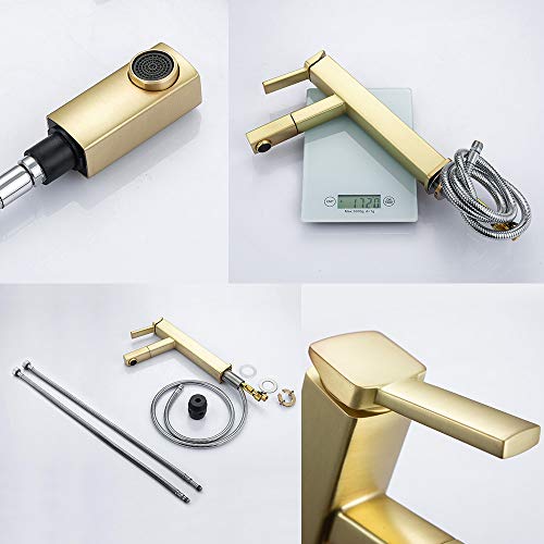 KAIYING Bathroom Pull Down Vessel Sink Faucet, Lavatory Single Hole Basin Sink Faucet with Pull Out Sprayer, Single Handle Utility Kitchen Mixer Tap with Rotating Spout, Brass (Tall, Brushed Gold) - Thumbnail 2