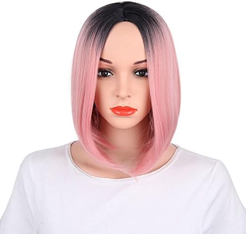 Bob wig short wigs pink halloween costume Accessories Heat Resistant Colorful Synthetic for women girls kids Party Cosplay Christmas Natural Straight Hair + Free Wig Cap (Black+Pink)
