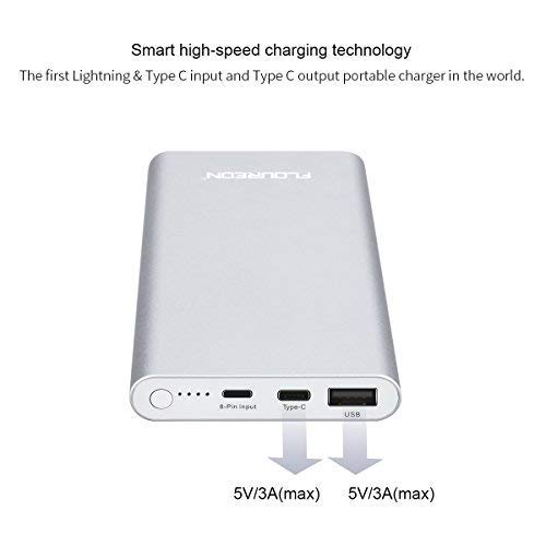 FLOUREON 12000mAh Power Bank Portable Cell Phone Fast Charging External Battery Pack with Type C and Lighting for iPhone,iPad, Samsung and More (Silver) - Thumbnail 4