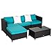 Peach Tree 5 PCs Outdoor Furniture Sectional Sofa with Ottoman and Glass Table Set Patio Black PE Rattan Wicker Sofa with Turquoise Cushions