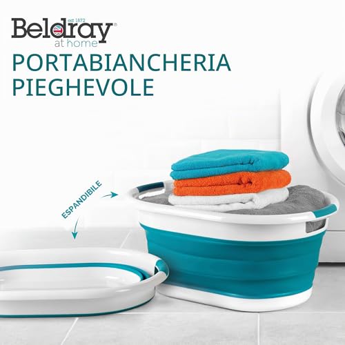 Beldray LA034816TQ Foldable Oval Basket - with Durable Plastic Handles, 37L Capacity, Turquoise, Lightweight, Space Saving Solution, Laundry Basket, Foldable Laundry Basin