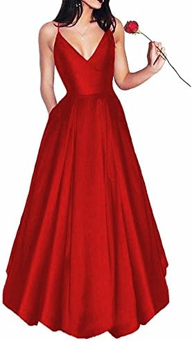 LoveeToo Women's Satin V Neck Bridesmaid Dress Prom Gown Spaghetti Straps Evening Gown