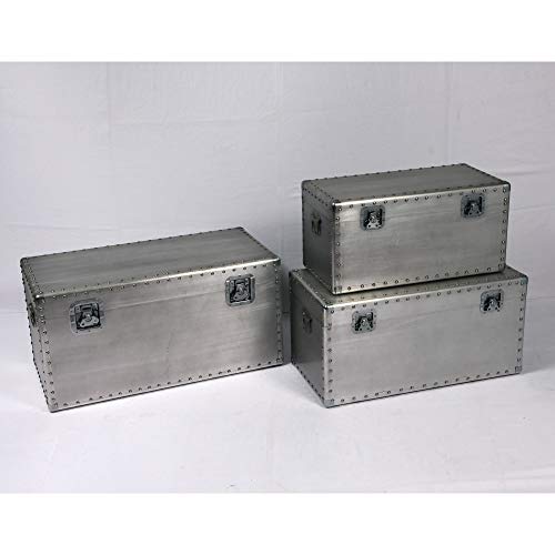 Armette Rectangle Accent Trunk Set in Antique Silver with Three Trunks, Aviation Style Latches, And Riveted Seams, by Artum Hill