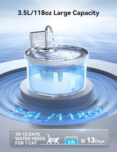 FEELNEEDY 3.5 L Cat Fountain Stainless Steel Wireless with Sensor, Drinking Fountain for Cats with Battery 4000 mAh Cats Battery Operated Water Fountain Super Quiet with 3 Filters (Acrylonitrile Butadiene Styrene (ABS))