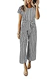 Cosygal Women Striped Linen Short Sleeves Wide Leg Jumpsuit Romper with Zip Pockets Belt