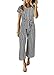Cosygal Women Striped Linen Short Sleeves Wide Leg Jumpsuit Romper with Zip Pockets Belt