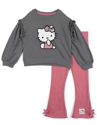 Hello Kitty Girls Fleece Pullover Sweatshirt and Ribbed Flare Leggings Outfit Set Toddler to Big Kid Sizes (4T - 14-16)