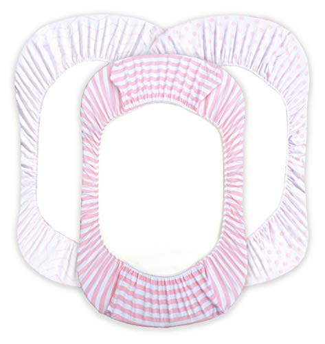 NODNAL CO. Pink Bassinet Fitted Sheet Set 3 Pack 100% Jersey Cotton for Baby Girl - Chevron, Polka Dot and Stripe 160 GSM Sheets