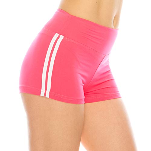 ALWAYS Women Workout Yoga Shorts – Premium Buttery Soft Stretch Cheerleader Running Dance Volleyball Short Pants with Stripes Neon Pink White S