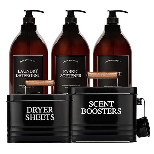 Calindiana Modern Farmhouse Liquid Laundry Detergent, Bleach and Fabric Softener Dispenser, Dryer Sheets Holder and Scent Boosters Container Bundle for Laundry Room Organization and Storage, Decor