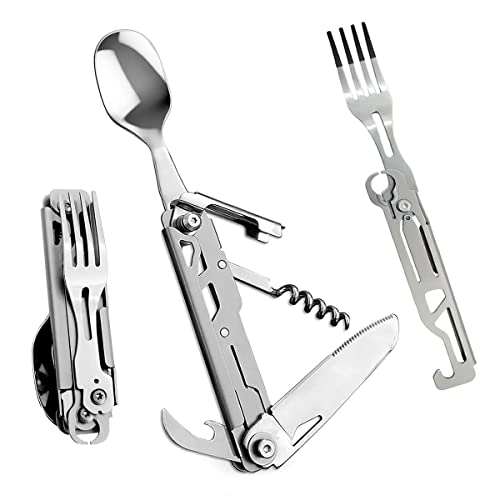 HONZIN Camping Besteck Utensilien, 5 in 1 Multifunktions Klappbesteck, tragbares Edelstahl Besteck Set für Reisen, Wandern, Rucksackreisen, mit Kordelzugbeutel (1 Pack)