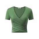 KIRA Women's Deep V Neck Short Sleeve Unique Cross Wrap Slim Fit Crop Tops (S,Army Green.)