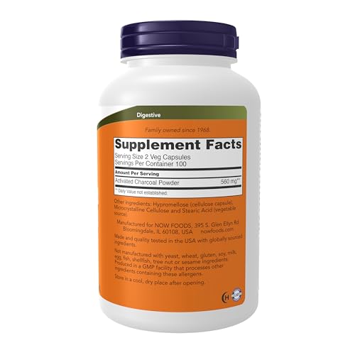 NOW Supplements| Activated Charcoal Made from Coconut Shells, 200 Veg Capsules | Carbón activado elaborado con cáscaras de coco, 200 cápsulas vegetales