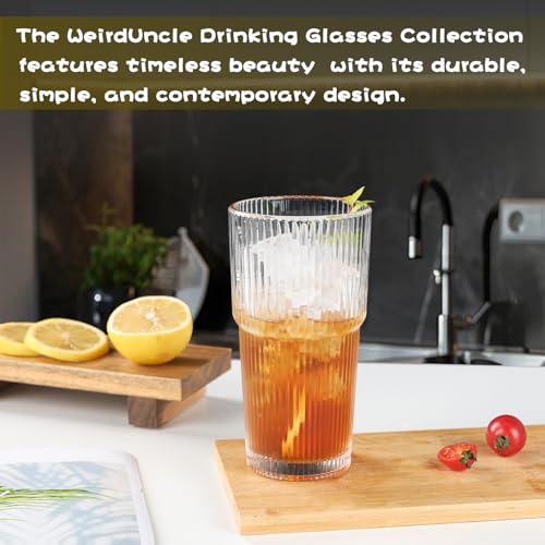 WeirdUncle Vintage Ribbed Glasses, Set of 6, 20oz Tumblers, Large Capacity, Origami Design, Fluted for Water, Iced Coffee, Beer, Tea, Latte