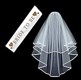 White Double Ribbon Edge Center Cascade Bridal Wedding Veil with Comb & Bride To Be Satin Sash- Gold/White Text Bachelorette Party Decorations Supplies