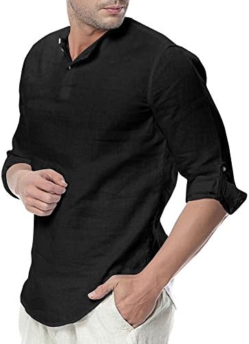 Sibylla Men's Casual 3/4 Sleeve Linen Henley T-Shirt High Low Solid Beach Yoga Top