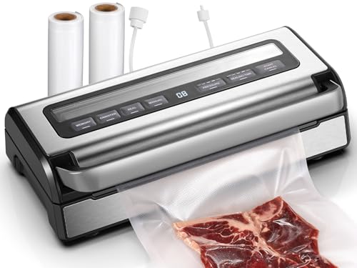 Vacuum Sealer 95 kPa, 9-in-1 Food Vacuum Sealer with Adjustable Time & Pressure Mode, Memory Function, Double Seal, Integrated Cutter & Bag Storage, Includes 2 Rolls & Hose