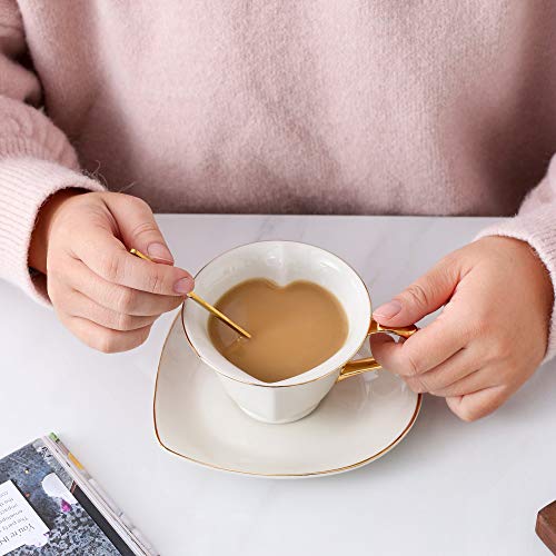 ARTVIGOR Coffee and Tea Service Set Heart Shape Cream White Porcelain Gold Rimmed Gift Box for 6
