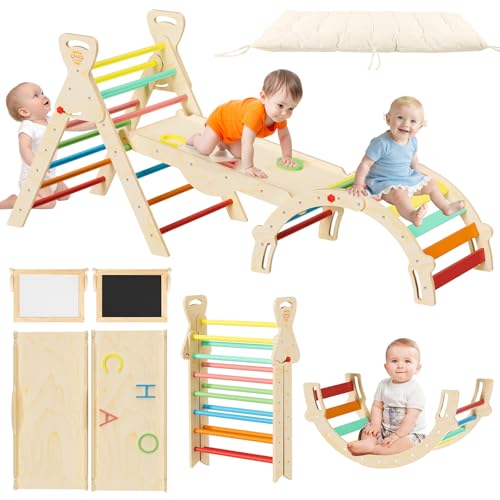 CHAO KWORLDS Pikler Triangle Set 7-in-1 Foldable Montessori Wooden Climbing Toys for Toddlers 1-5 Years Indoor Jungle Gym with Slide, Arch Ladder & Ramp Solid Wood Baby Activity Climber（ Rainbow）