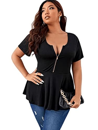 SOLY HUX Plus Size Women Sexy Half Zip Up Low Cut Short Sleeve