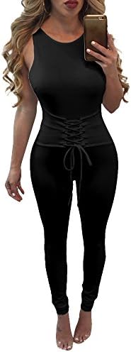 Ageena Womens Sleeveless Drawstring Cross Back Long Pants Jumpsuit Romper (Medium, 2Black)