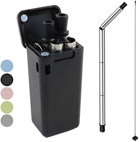 Collapsible Keychain Straw, Folding Resuable Drinking Straw Stainless Steel, Portable Medical-Grade Food-Grade Straws with Hard Case & Cleaning Brush (Black)