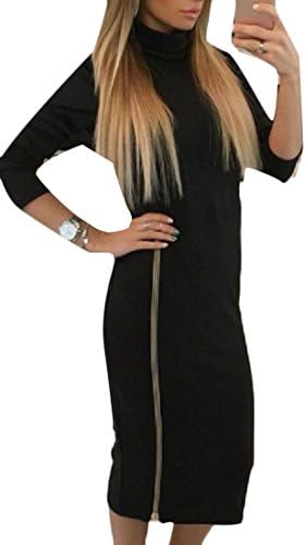 DressUWomen DressU Womens Long Sleeve High Neck Side Vogue Zipper Business Dress Black L