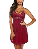 Women Lace Lingerie Sleepwear Chemises V-Neck Full Slip Babydoll Nightgown Dress (XL, Wine Red1)