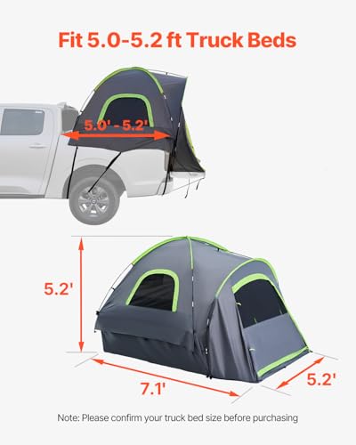 VEVOR Pickup Truck Tent, Fit 5.0-6.7ft Truck Tents for Camping, Waterproof PU2000mm 2-3 Person Sleeping Truck Bed Tent with Double Layer Design, for Camping Traveling Outdoor Activities