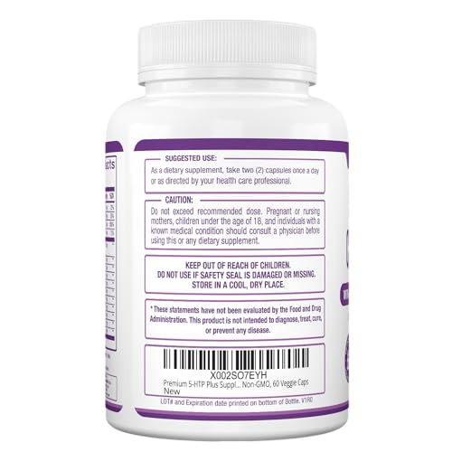 PREMIUM 5-HTP PLUS SUPPLEMENT 250MG MAXIMUM STRENGTH – SLEEP AID, MOOD BOOST, PROMOTES CALM & RELAXATION, STRESS MANAGEMENT SUPPORT – ENHANCED WITH VITAMIN B6, GLUTEN FREE, NON-GMO, 60 VEGGIE CAPS
