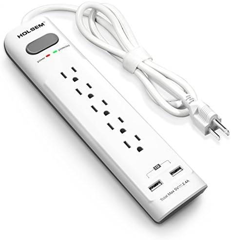 HOLSEM 5 Outlets Surge Protector Power Strip with 2 USB Charging Ports (5V/2.4A) and 4' Heavy Duty Extension Cord, White