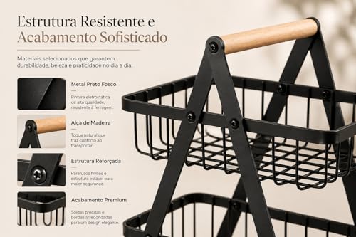 Fruteira Cesto de Mesa 2 Andares em Metal Preto com Alça de Madeira – Organizador de Frutas, Legumes e Mantimentos para Cozinha