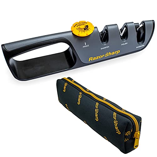 RazorSharp™ Knife Sharpener With Adjustable Angle Guide — Diamond-Coated Ceramic Sharpening Stones for All Knives Including Precision Kitchen, Professional, Chef's Knives — Non-Slip Rubber Edge Grip
