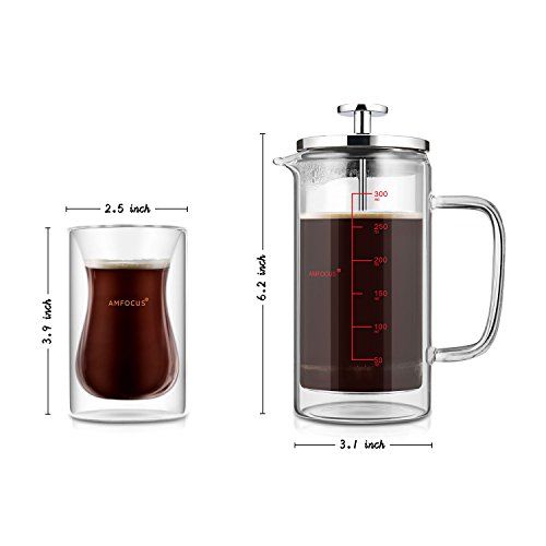 French Press Coffee Tea Maker with 2 Espresso Cups | Double Wall | Stainless Steel Plunger,350ml/10oz by AMFOCUS