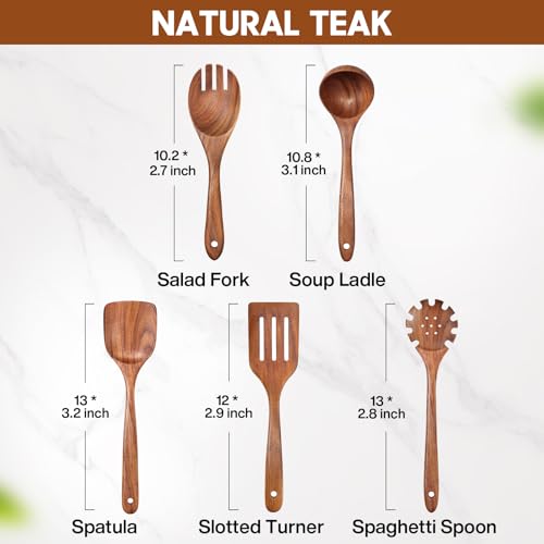 Cucharas de Madera para Cocina, Juego de Utensilios de Cocina Teca, Espátula,Tenedor para Ensalada,Cuchara, Colador y Cuchara para Pasta, Adecuado para Cocinas y Comedores, 5 Piezas