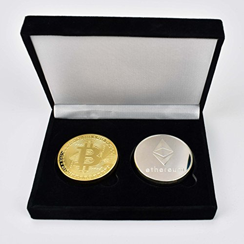 2PCs Bitcoin Ether Set (Gold & Silver Plated) w/ Unique Bitcoin Velvet Display Case to HODL Cryptocurrency - Limited Edition BTC Crypto Coins | Ethereum Ether Ethereum Coin Etherum
