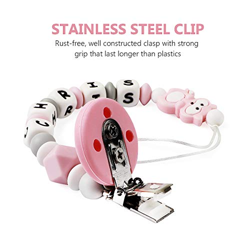 Pacifier Clip Personalized Name, MCGMITT Customized Binky Holder Teething Silicone Beads for Baby Girls Boys (Pink) - Thumbnail 2