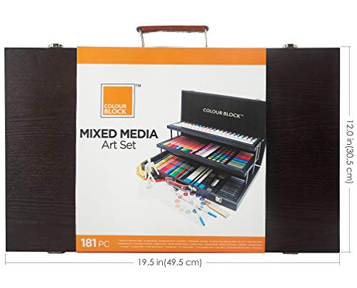 COLOUR BLOCK 181 pc All Media Wooden Case Set with Coloring Card. Quality Drawing, Painting and Coloring Set in Deluxe Gift Box. Great Christmas Gift for The Aspiring Artist.