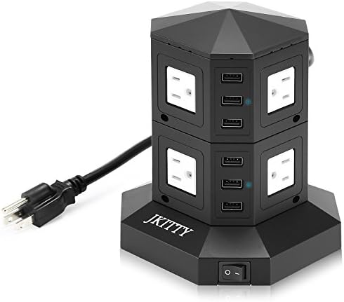 Tower Multi Outlet with USB Charging Station Surge Protector Power Strip 6ft Long Cord Split Socket 3000W 8 Outlets 6 USB 2.4A Fast Charge Multi Plug Wall Adapter (2-level Black)