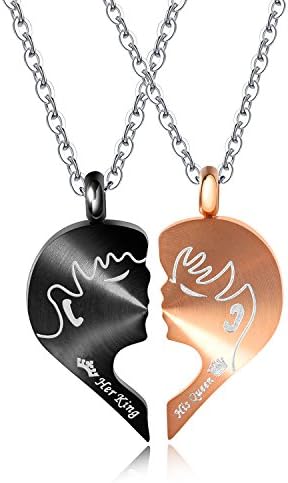 Mintik 2-Pieces Couples Matching Heart Puzzle Pendant Stainless Steel His Queen Her King Valentine Wedding Pendant Necklace Set