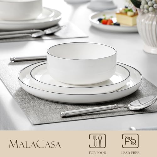 MALACASA LUNA Crockery Set for 6 People, 18-Piece White Porcelain Dinner Service with Black Rim, Modern Dinner Set with 6 Dinner Plates, Dessert Plates and Cereal Bowls