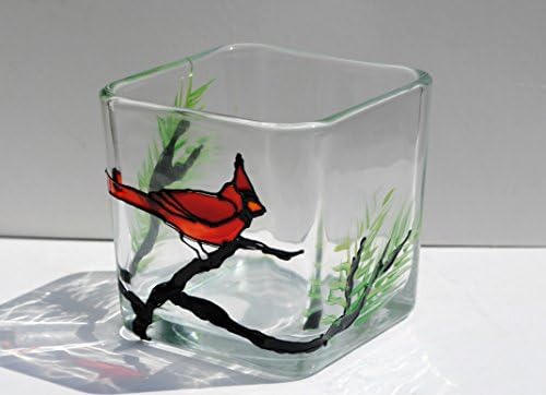 Red Cardinal Stained Glass Hand Painted Square Candle Holder Bird Home Decor
