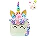 Unicorn Cake Topper Handmade Iridescent Unicorn Horn Ears and Flowers Cake Decor(Rainbow Color)