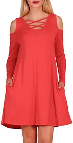 Aierbulu Tunic Dress, Women Tshirt Dresses Long Sleeve Criss Cross Neck Casual Dress Small Red