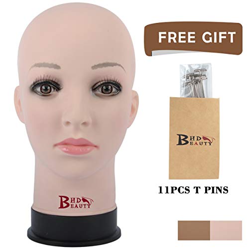 BHD BEAUTY Bald Mannequin Head Beige Female Professional Cosmetology for Wig Making, Display wigs, eyeglasses, hairs with T pins