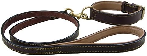Safex Leather Dog Collar and Leash Set (Havana Brown with Beige Padding, Fits Neck Size 18X 21-inches)