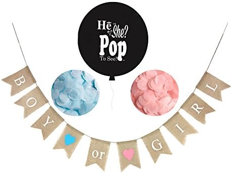 Gender Reveal Party Banner &amp; Gender Reveal Balloon - Neutral “Boy or Girl” Banner with “He or She Pop to See” 36 inch balloon with blue &amp; pink confetti - Unisex Pregnancy Announcement Party