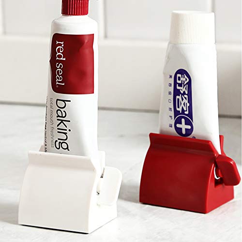 ONDY 2PCS Rolling Tube Toothpaste Squeezer,Heavy-Duty Toothpaste Dispenser with Rubber Pad Multi-Function Squeezer for Cleansing Foam,Hair Gel,Cosmetic Samples,Ointments (Red and White)