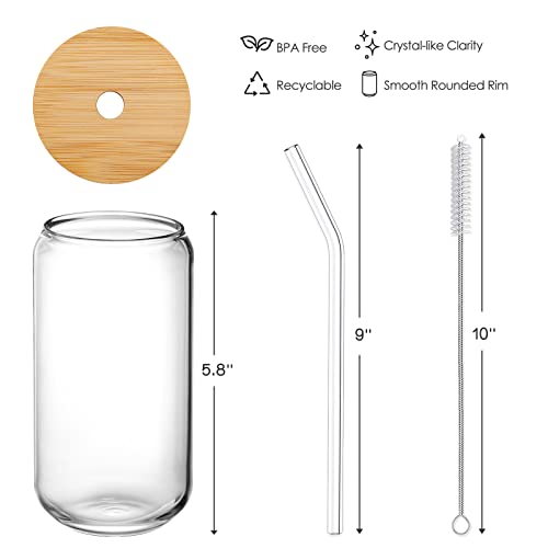 Drinking Glasses with Bamboo Lids and Glass Straw 4pcs Set 16oz Can